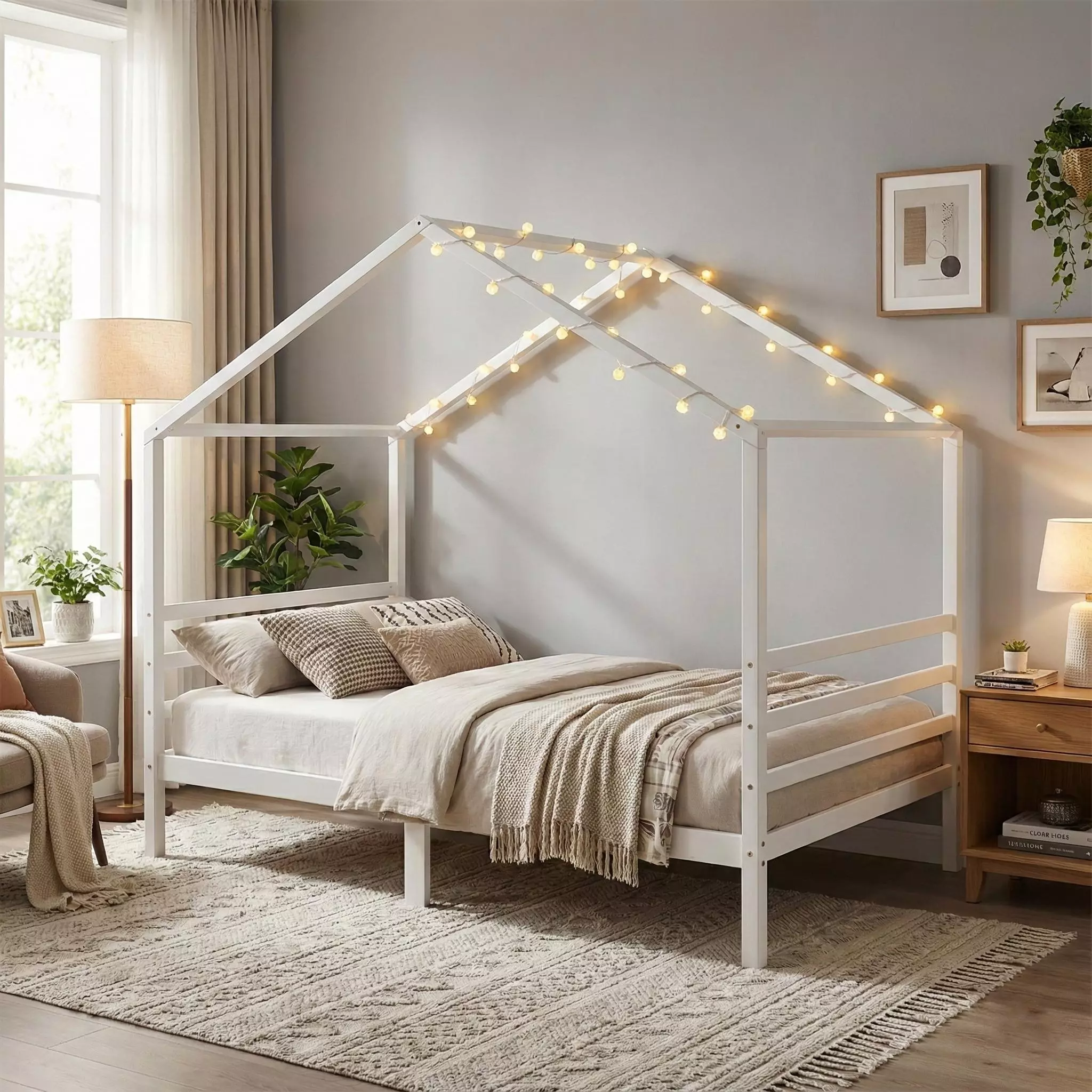Weißes Kinderbett in Hausform mit Lichterkette am Dachrahmen, heller Leinenbettwäsche und Bilderrahmen im ruhigen Kinderzimmer