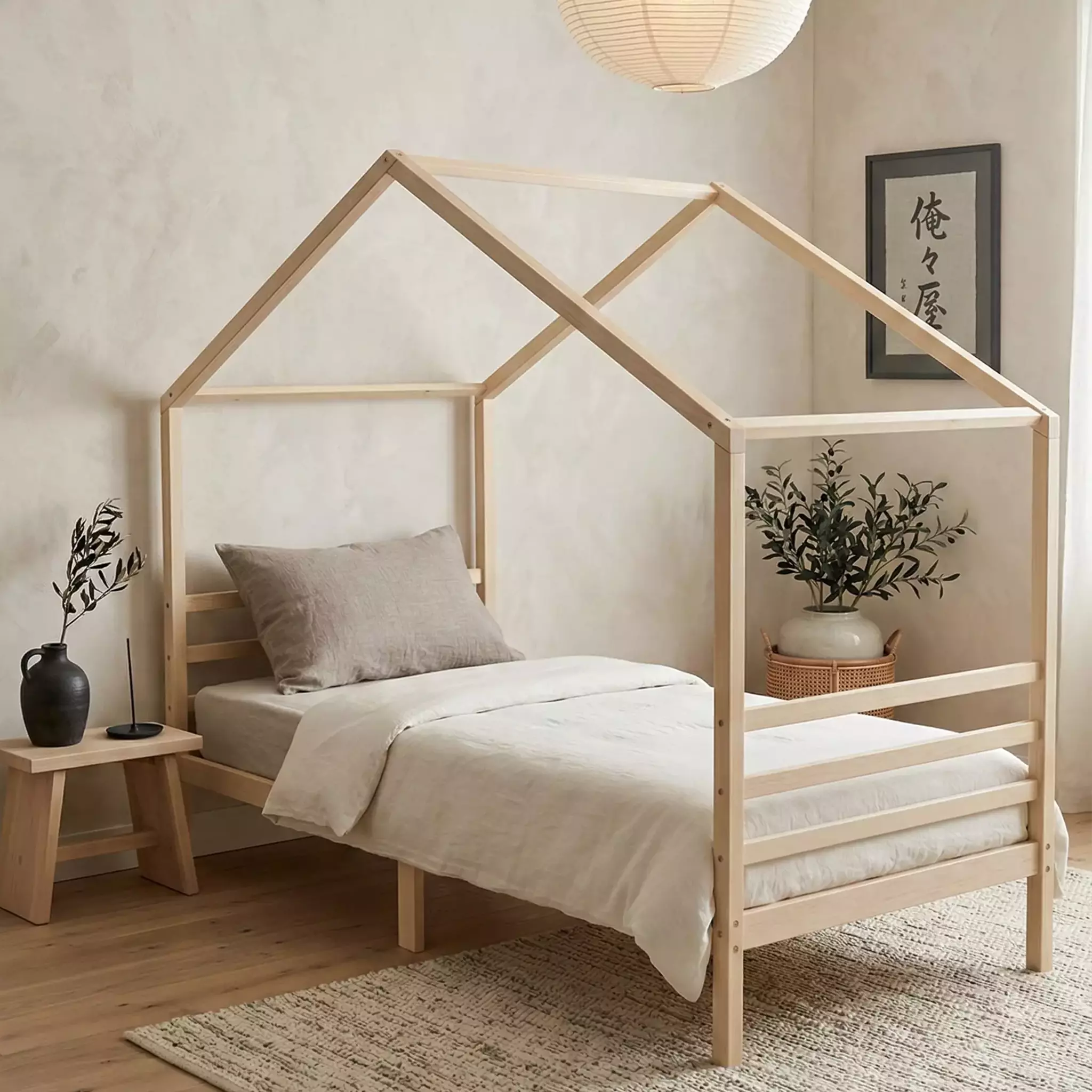 Hausbett für Kinder aus unbehandeltem Kiefernholz im Japandi-Kinderzimmer, Leinenbettwäsche, Papierlampe und Olivenzweige vor cremefarbener Wand